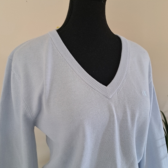 Calvin Klein Jeans V-Neck Sweater Women's Small Pale Blue Cotton Knit Top - Picture 6 of 13
